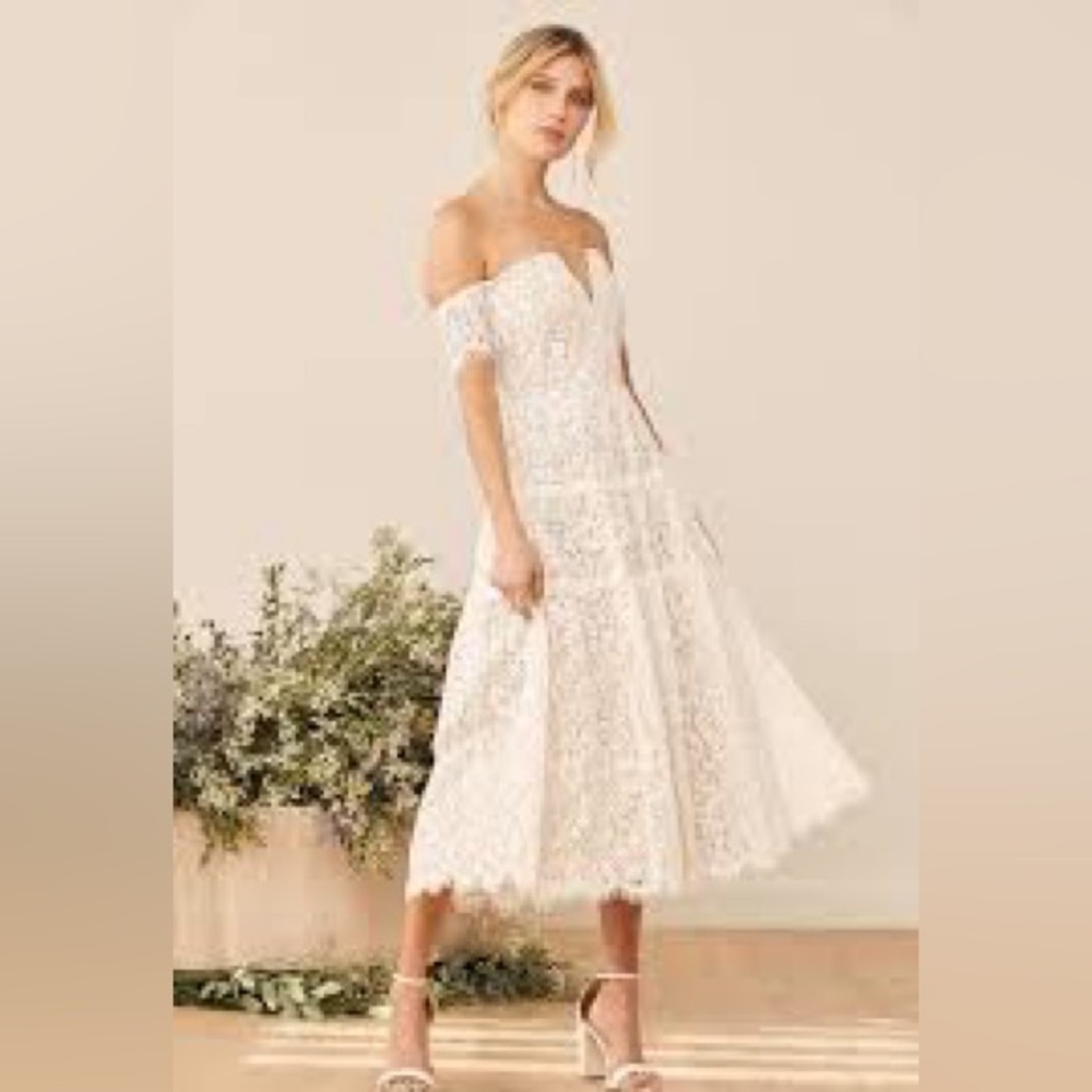 Lulu's Ivory Off-Shoulder Lace Midi Dress